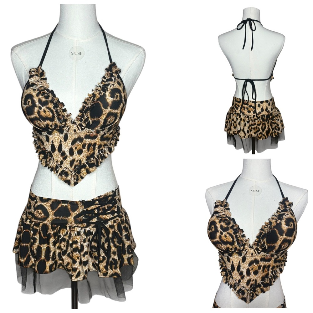 Leopard Print Halter Top and Skirt Set